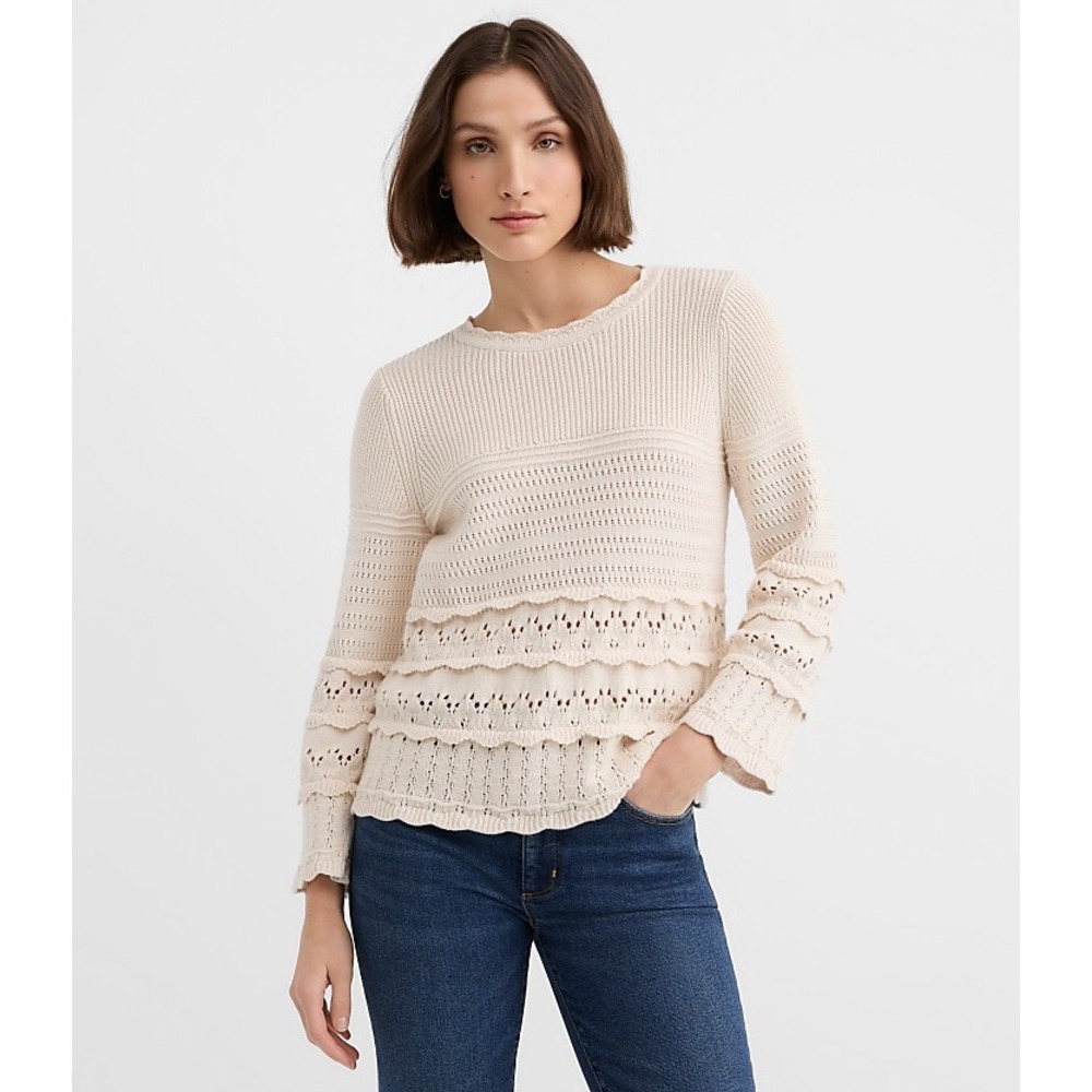 LOFT Cream Cotton Tiered Ruffle Pointelle  Sweater Lace Boho M Cottagecore Fairy